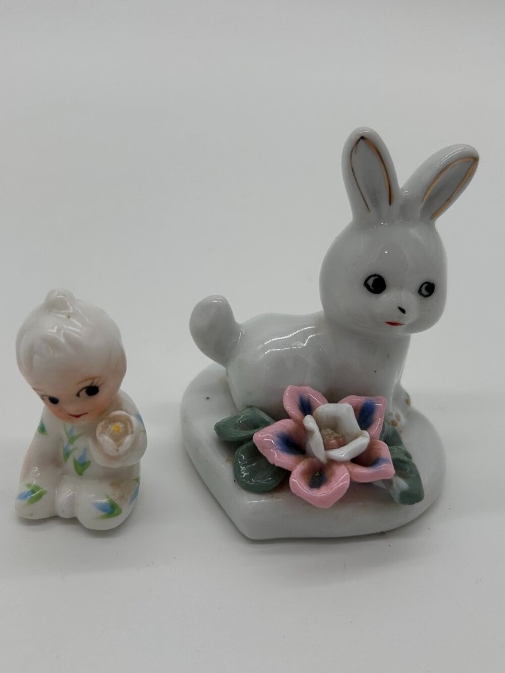 Vintage Ceramic Lot‎ Of 2 Bunny Angel Baby Flowers Japan Fun Collectibles
